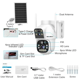 GENBOLT 4G Solar Security Camera No WiFi Outdoor, Dual Lens Spotlight Color Night Vision AOV 24/7 Recording, 8W 15600mAh HCCTV