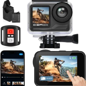 4K 60FPS Action Camera with Dual Batteries, Waterproof Case.