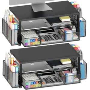 Desk Organizer and Accessories 2-Tier Computer Monitor Stand Riser with Drawer and 2 Pen Holders Laptop Stand Office Desk Acces
