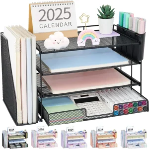 4-Tier Desktop File Organizer with Drawer and Pen Holders,