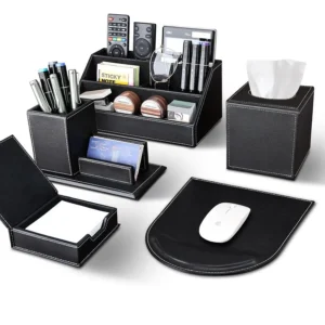 5PCS Desk Organizer and Accessories Set, Pu Leather Office Supplies with Multifunction Desktop Organizer Storage Box, Tissue Hol